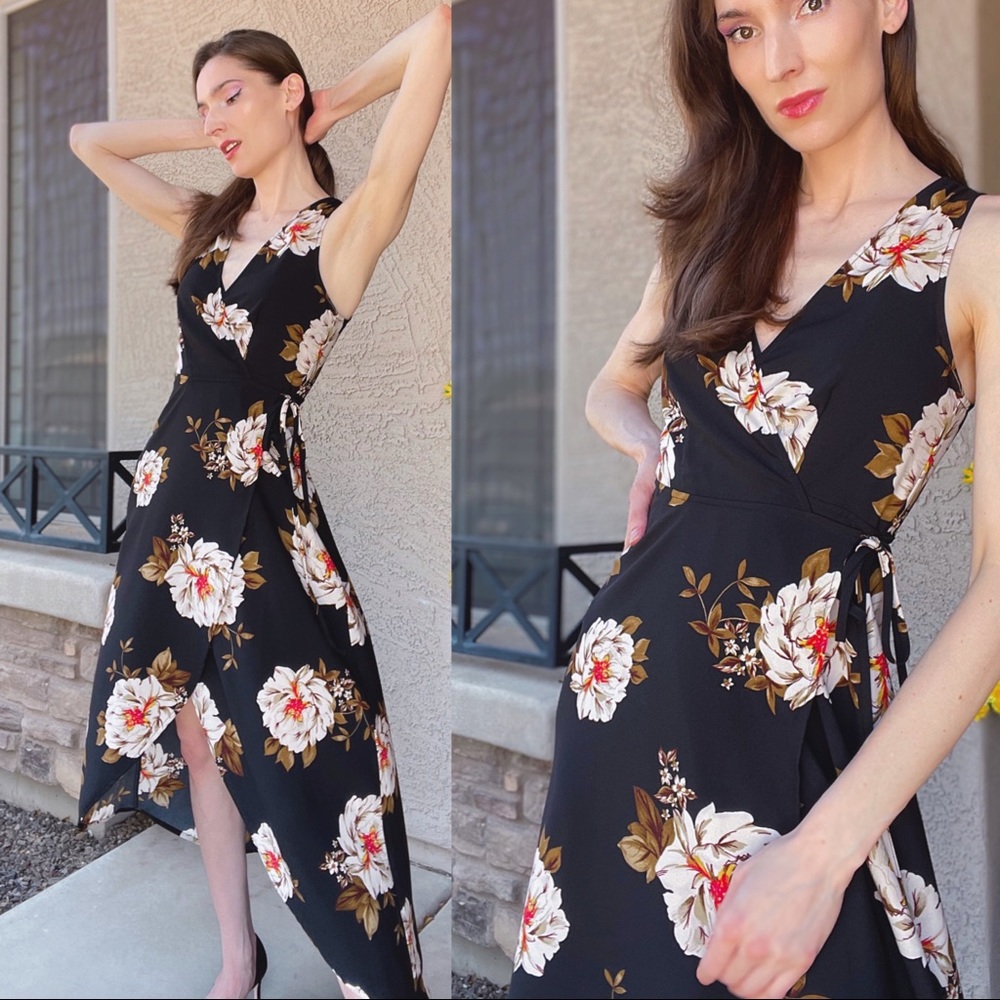 LEITH Black Cream & Red Floral Printed Sleeveless High-Low Midi Maxi Wrap Dress